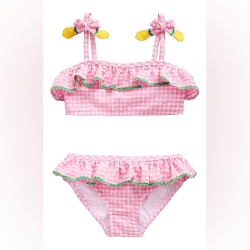 NWT Mini Boden Pink Gingham Seersucker Bikini Swimsuit Ruffles Lemons 5-6 Years